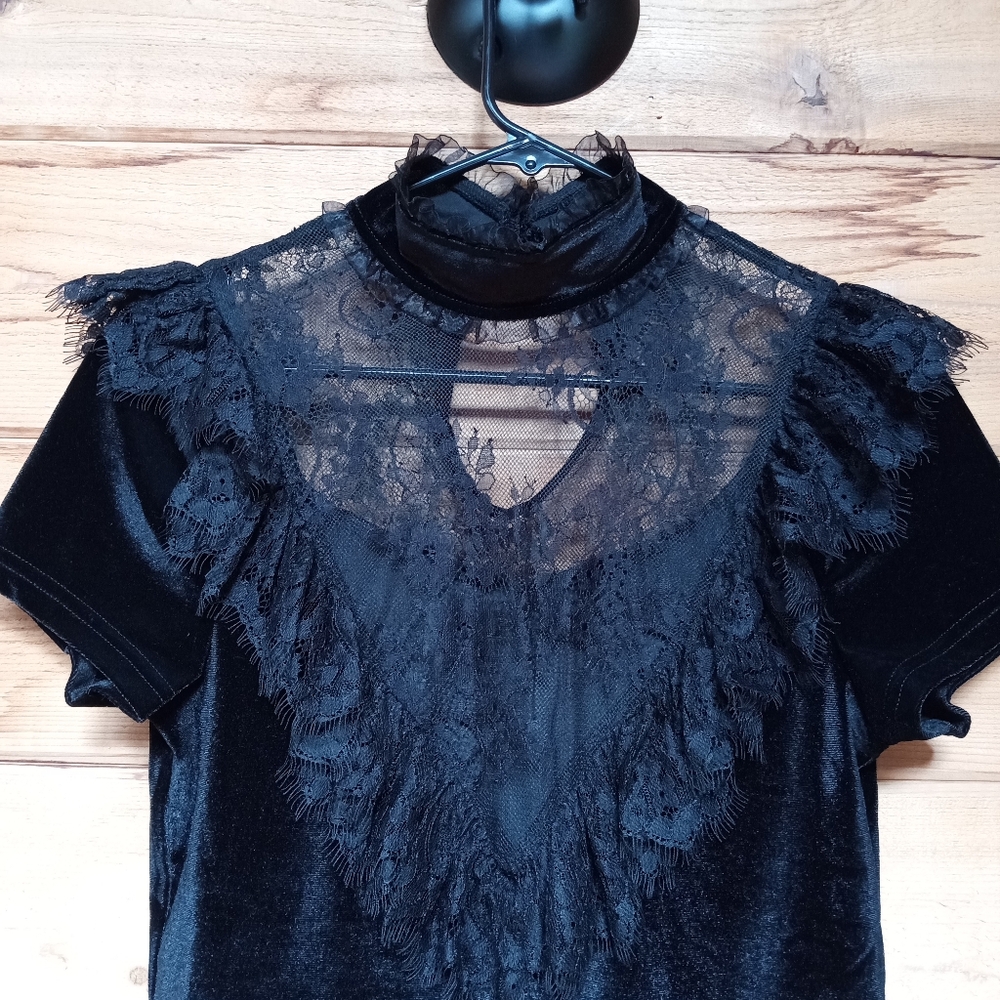 Dolls Kill Black Lace Velvet Top - Picture 2 of 6